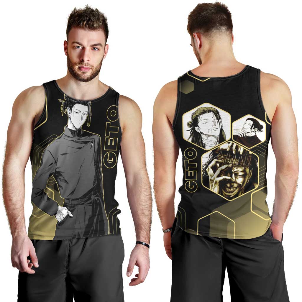 Suguru Geto Jujutsu Kaisen Gold Hexagon Design Men Tank Top with Multiple Expressions and Manga Style Art - The Mazicc