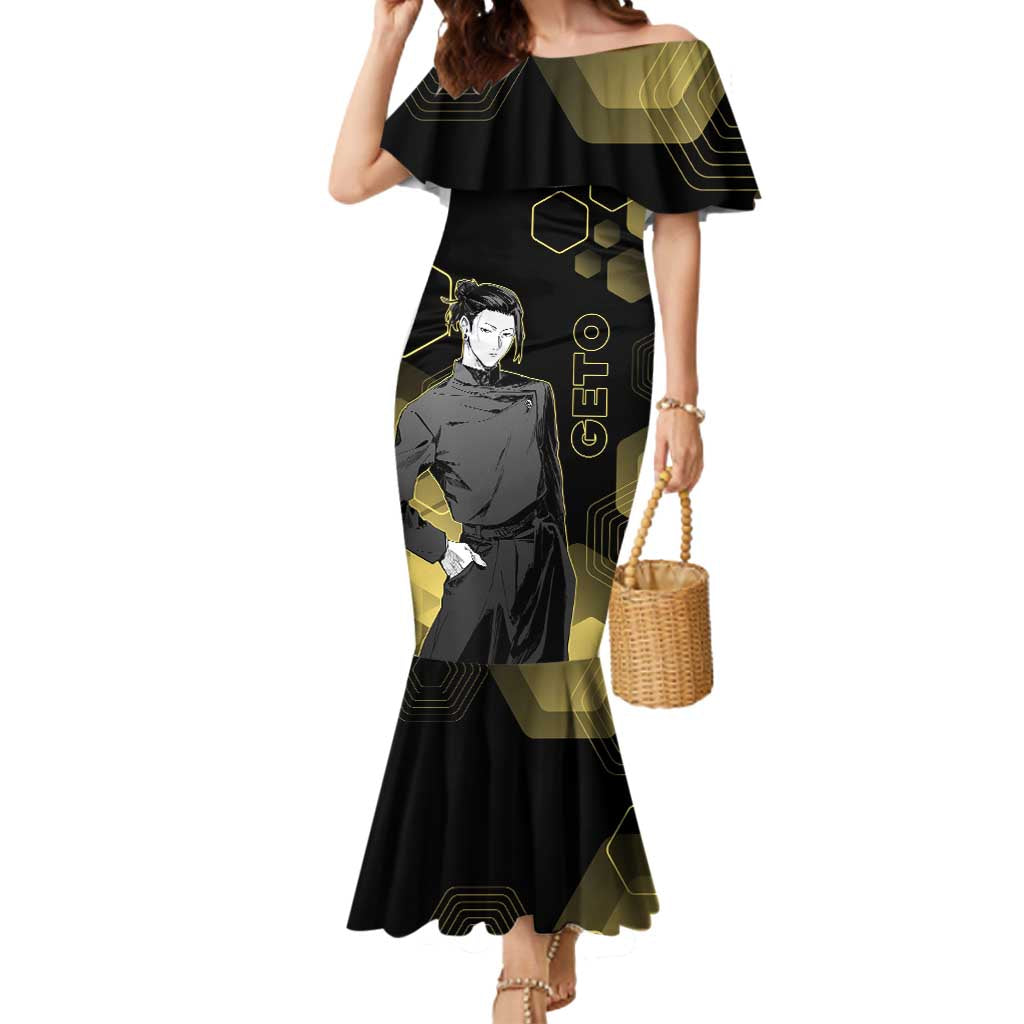 Suguru Geto Jujutsu Kaisen Gold Hexagon Design Mermaid Dress with Multiple Expressions and Manga Style Art - The Mazicc