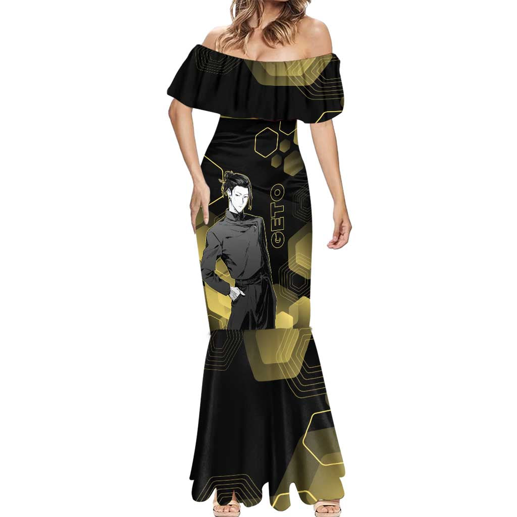 Suguru Geto Jujutsu Kaisen Gold Hexagon Design Mermaid Dress with Multiple Expressions and Manga Style Art - The Mazicc