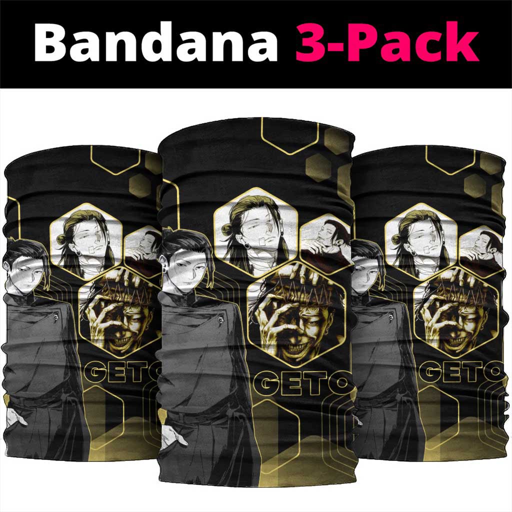 Suguru Geto Jujutsu Kaisen Gold Hexagon Design Neck Gaiter with Multiple Expressions and Manga Style Art - The Mazicc