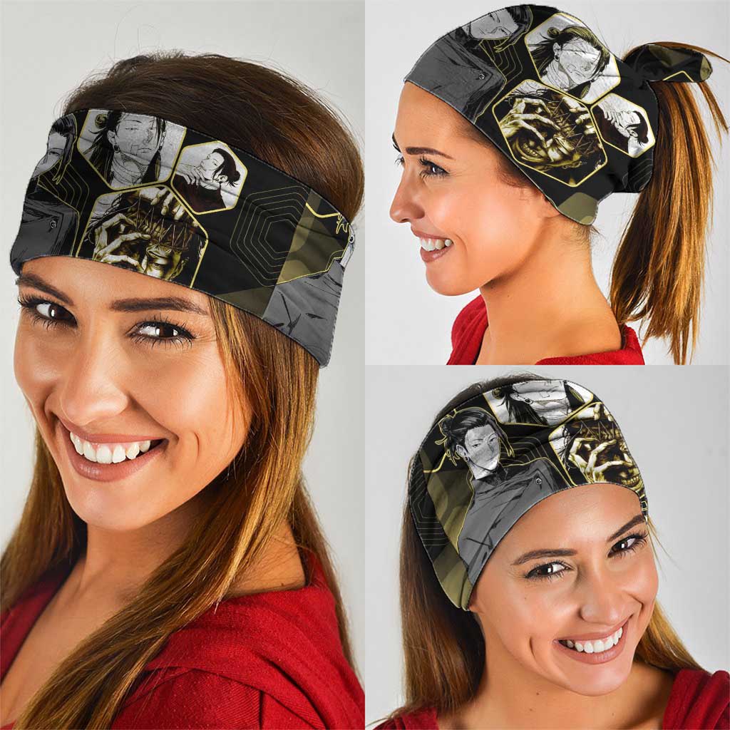 Suguru Geto Jujutsu Kaisen Gold Hexagon Design Neck Gaiter with Multiple Expressions and Manga Style Art - The Mazicc