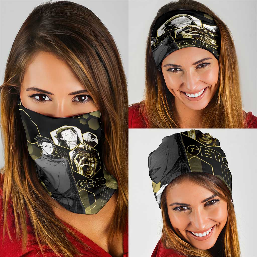Suguru Geto Jujutsu Kaisen Gold Hexagon Design Neck Gaiter with Multiple Expressions and Manga Style Art - The Mazicc