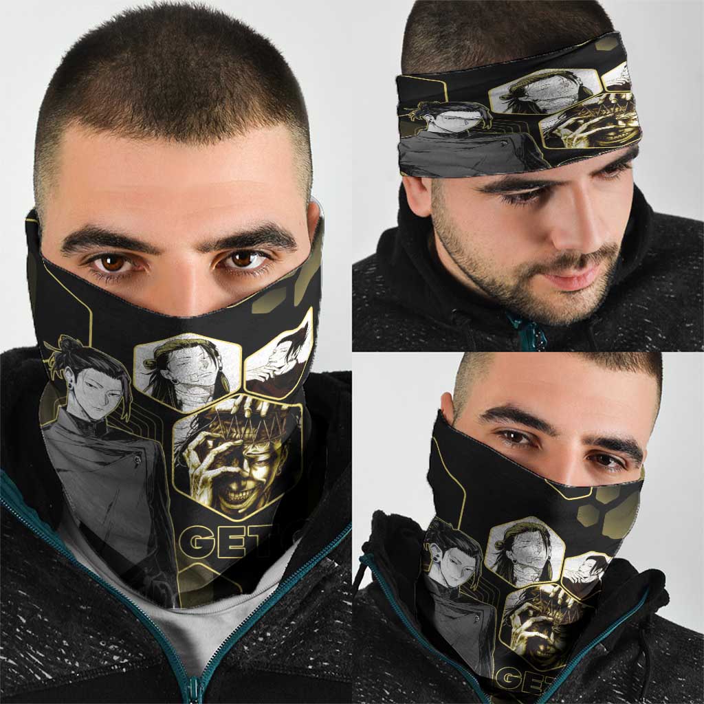 Suguru Geto Jujutsu Kaisen Gold Hexagon Design Neck Gaiter with Multiple Expressions and Manga Style Art - The Mazicc