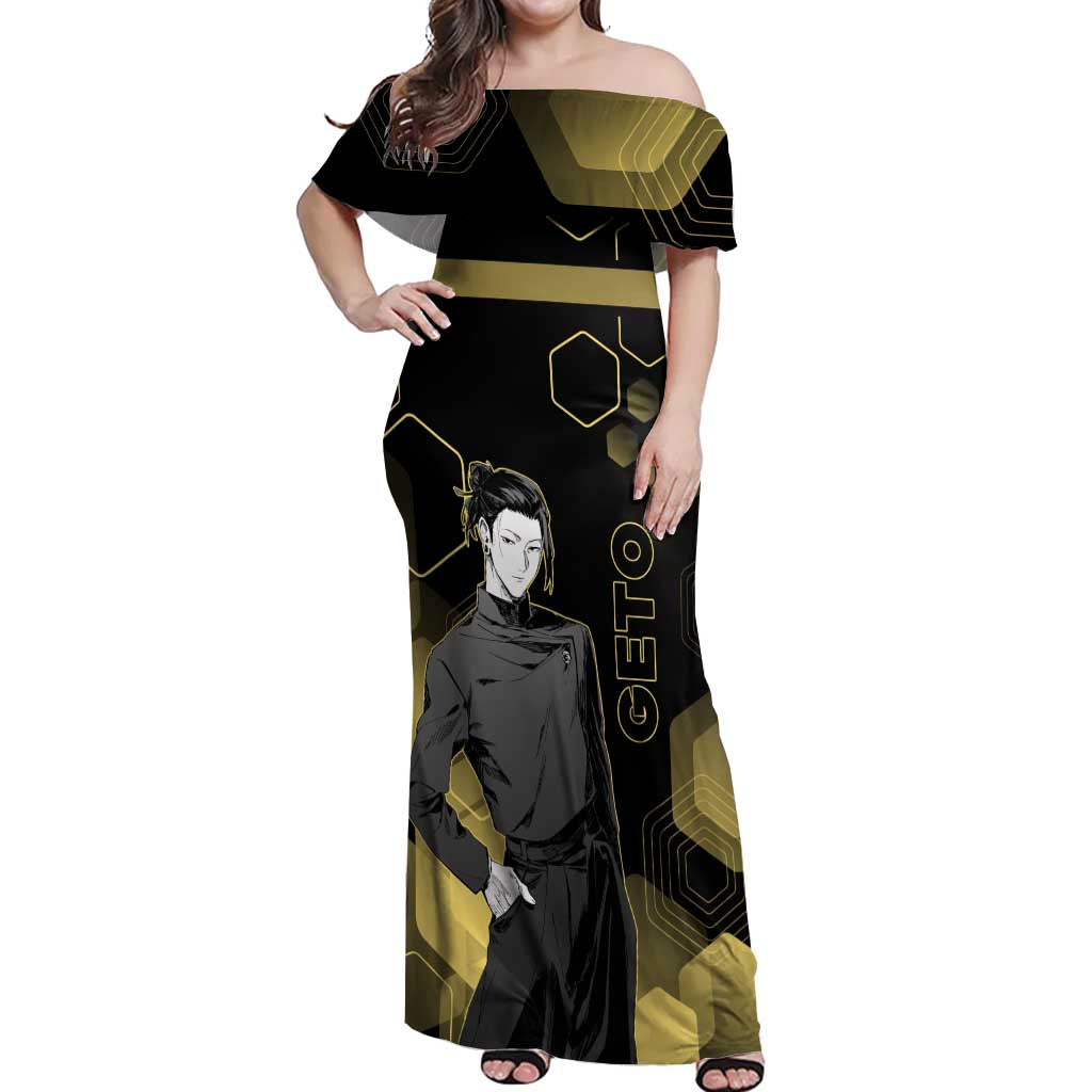 Suguru Geto Jujutsu Kaisen Gold Hexagon Design Off Shoulder Maxi Dress with Multiple Expressions and Manga Style Art - The Mazicc