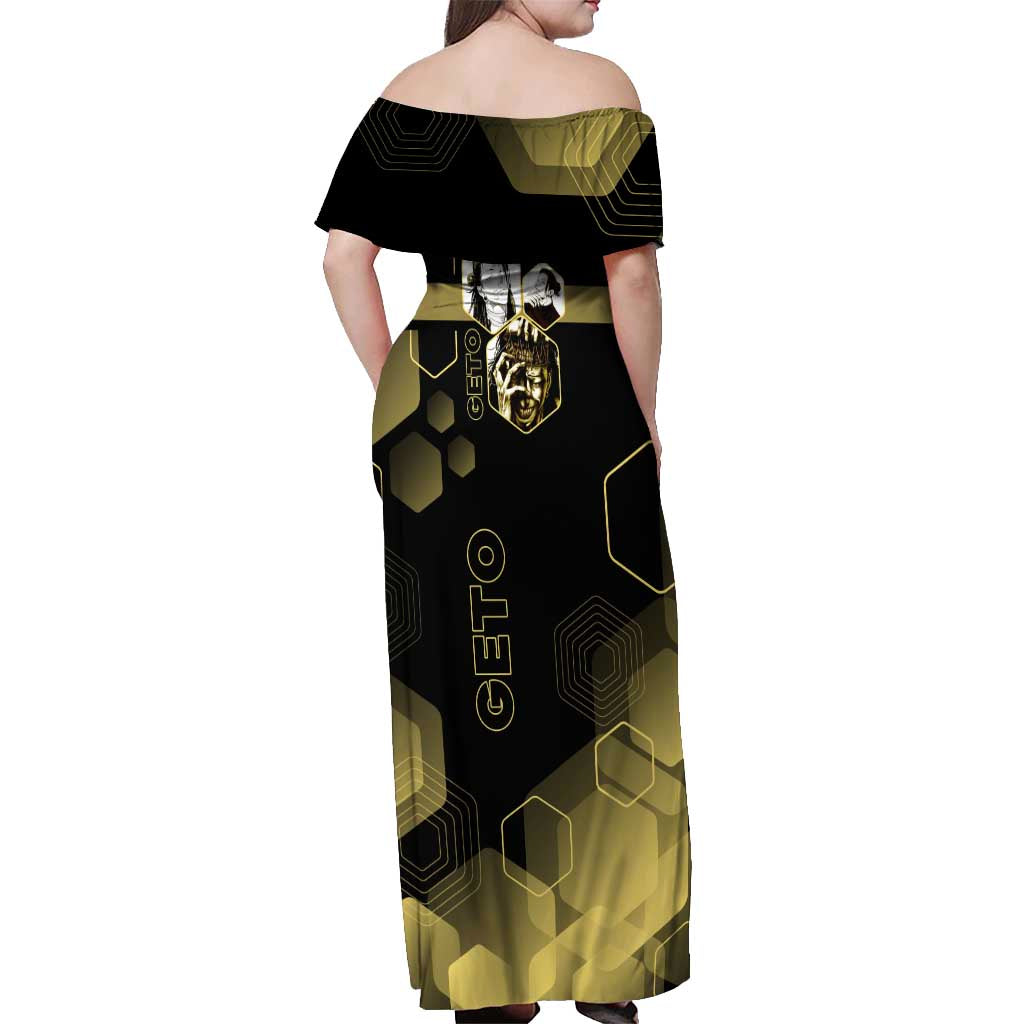 Suguru Geto Jujutsu Kaisen Gold Hexagon Design Off Shoulder Maxi Dress with Multiple Expressions and Manga Style Art - The Mazicc