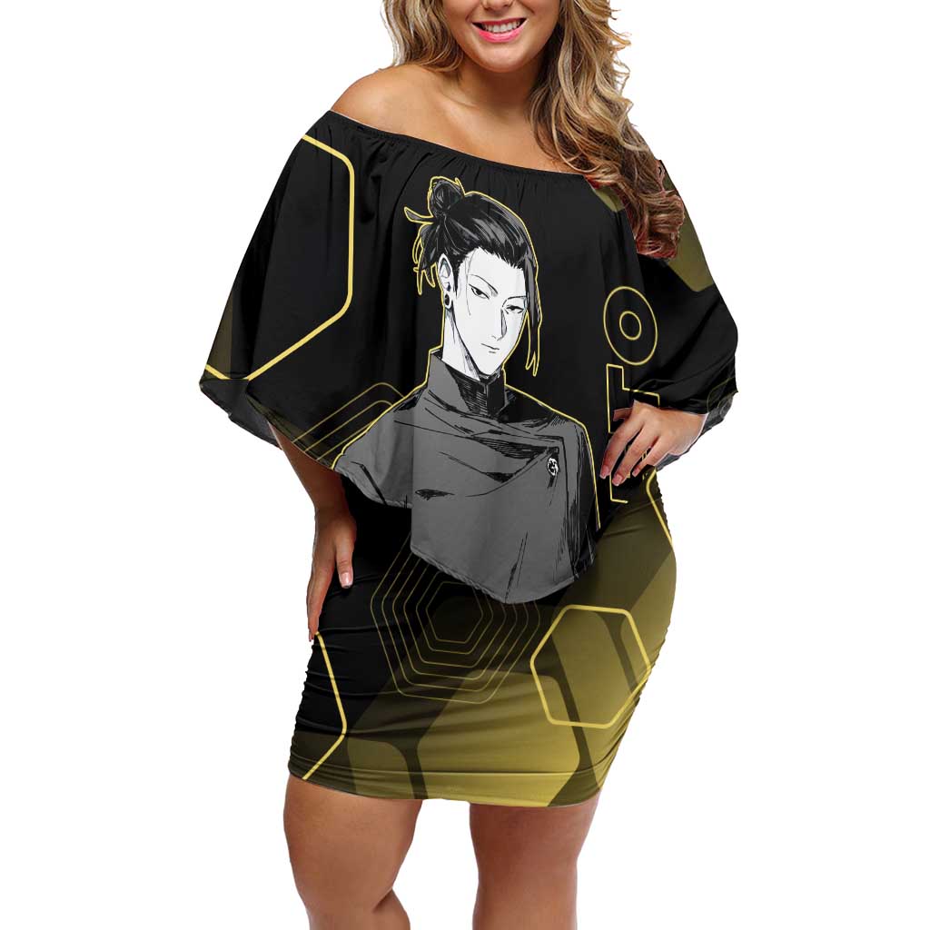 Suguru Geto Jujutsu Kaisen Gold Hexagon Design Off Shoulder Short Dress with Multiple Expressions and Manga Style Art - The Mazicc