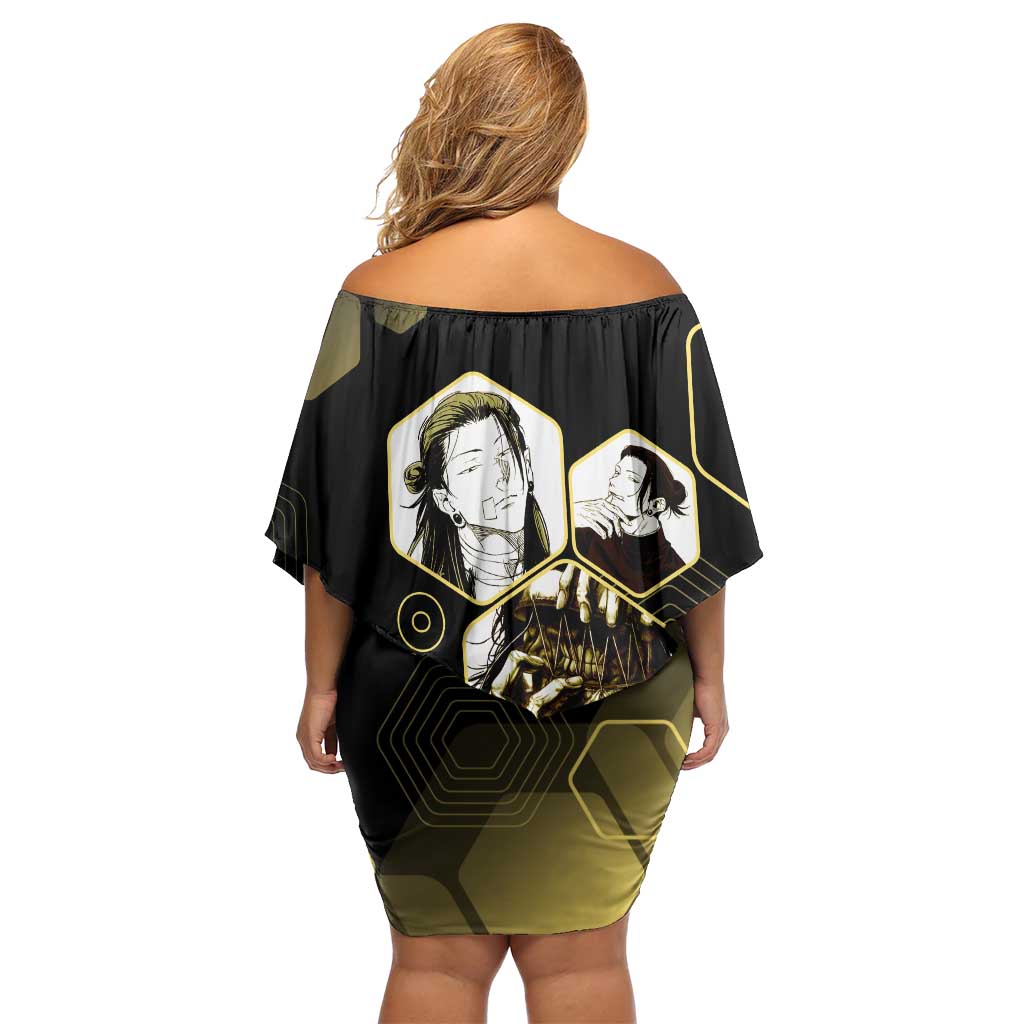 Suguru Geto Jujutsu Kaisen Gold Hexagon Design Off Shoulder Short Dress with Multiple Expressions and Manga Style Art - The Mazicc