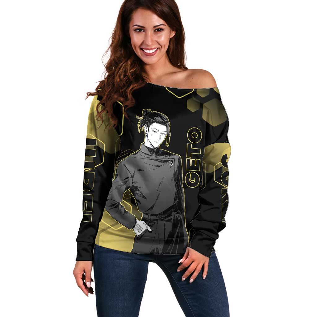 Suguru Geto Jujutsu Kaisen Gold Hexagon Design Off Shoulder Sweater with Multiple Expressions and Manga Style Art - The Mazicc