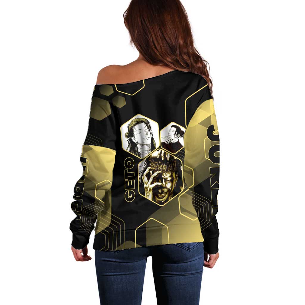 Suguru Geto Jujutsu Kaisen Gold Hexagon Design Off Shoulder Sweater with Multiple Expressions and Manga Style Art - The Mazicc