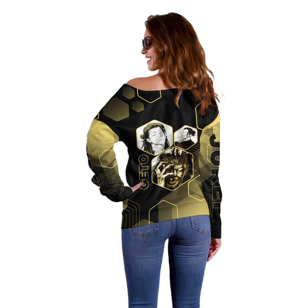 Suguru Geto Jujutsu Kaisen Gold Hexagon Design Off Shoulder Sweater with Multiple Expressions and Manga Style Art - The Mazicc
