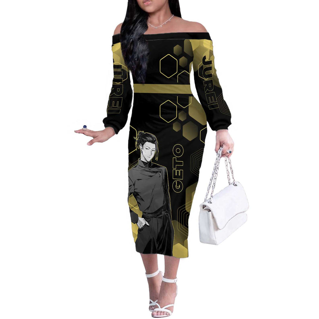Suguru Geto Jujutsu Kaisen Gold Hexagon Design Off The Shoulder Long Sleeve Dress with Multiple Expressions and Manga Style Art - The Mazicc