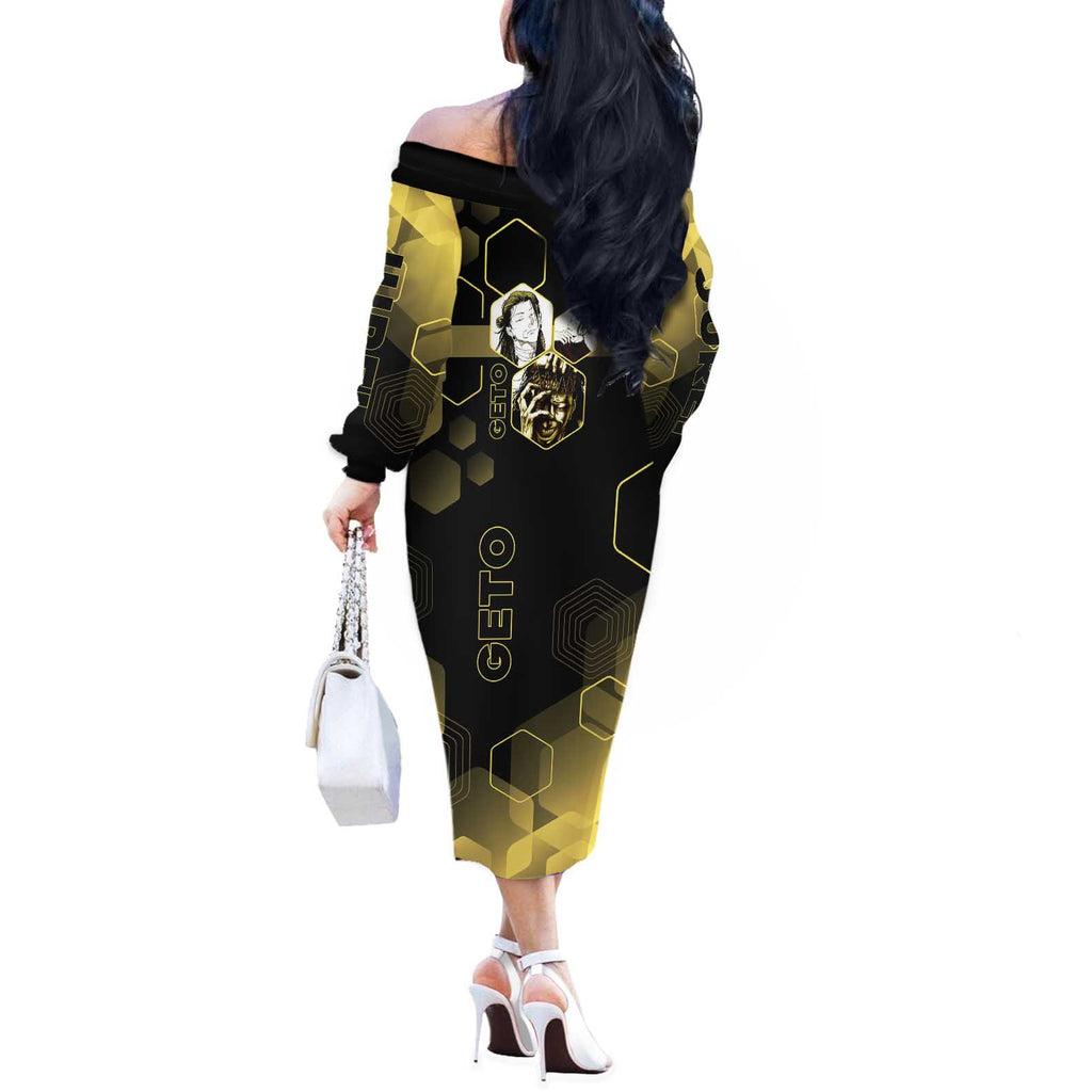 Suguru Geto Jujutsu Kaisen Gold Hexagon Design Off The Shoulder Long Sleeve Dress with Multiple Expressions and Manga Style Art - The Mazicc