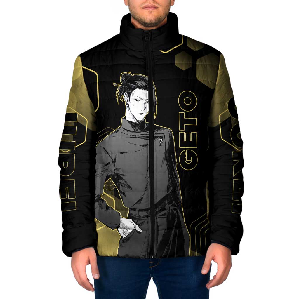 Suguru Geto Jujutsu Kaisen Gold Hexagon Design Padded Jacket with Multiple Expressions and Manga Style Art - The Mazicc