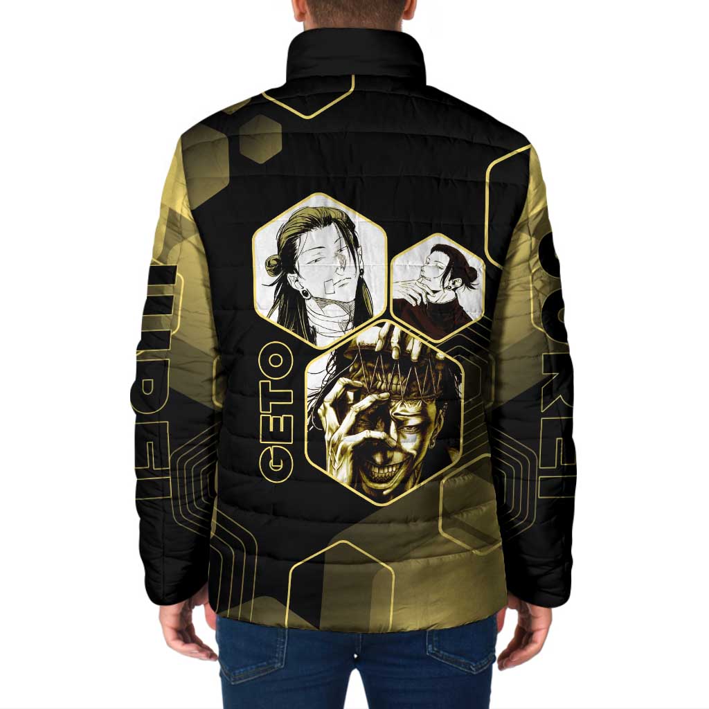 Suguru Geto Jujutsu Kaisen Gold Hexagon Design Padded Jacket with Multiple Expressions and Manga Style Art - The Mazicc