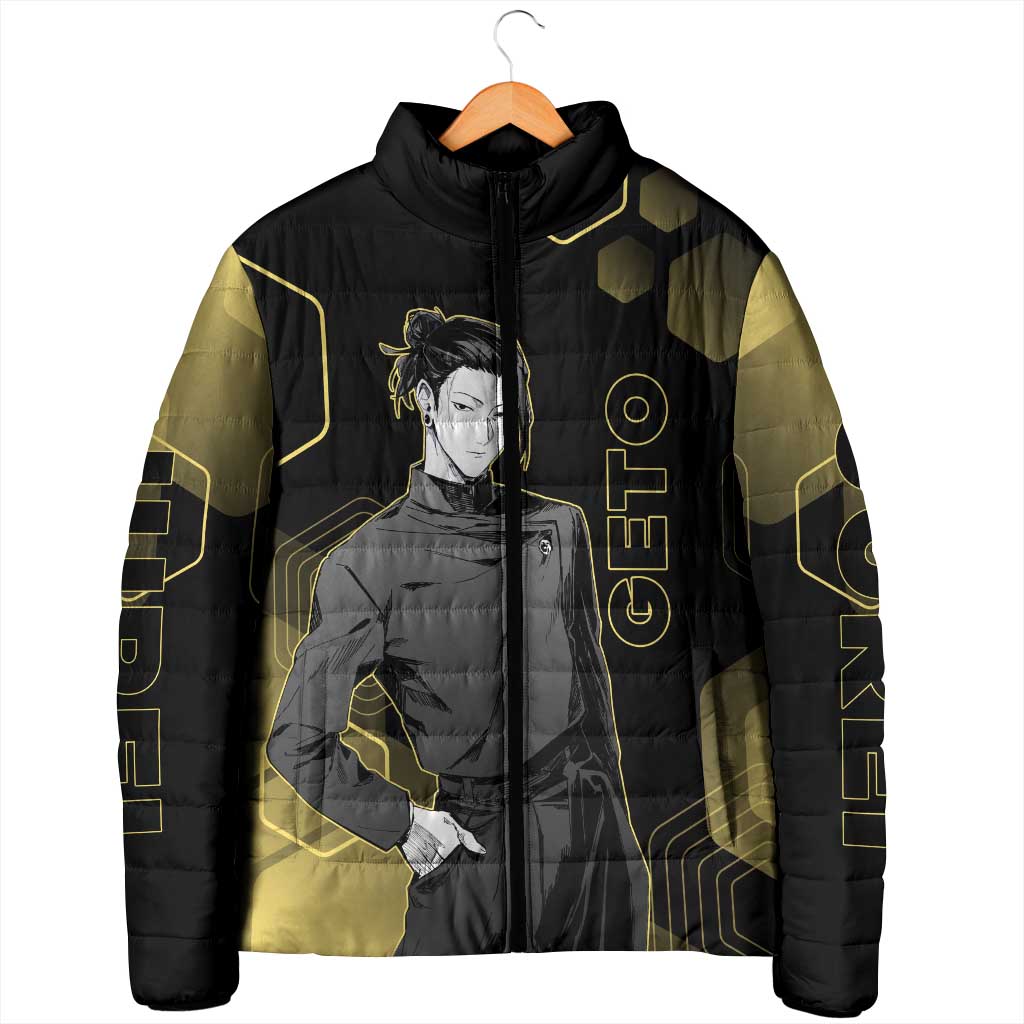 Suguru Geto Jujutsu Kaisen Gold Hexagon Design Padded Jacket with Multiple Expressions and Manga Style Art - The Mazicc