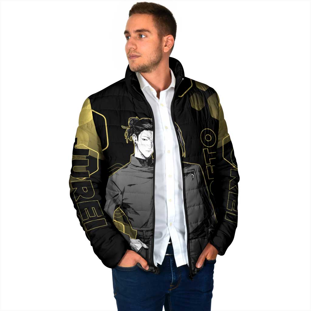 Suguru Geto Jujutsu Kaisen Gold Hexagon Design Padded Jacket with Multiple Expressions and Manga Style Art - The Mazicc