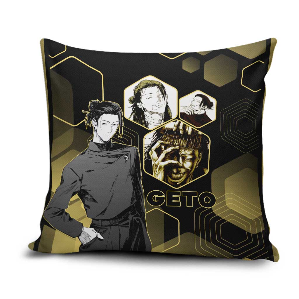 Suguru Geto Jujutsu Kaisen Gold Hexagon Design Pillow Cover with Multiple Expressions and Manga Style Art - The Mazicc