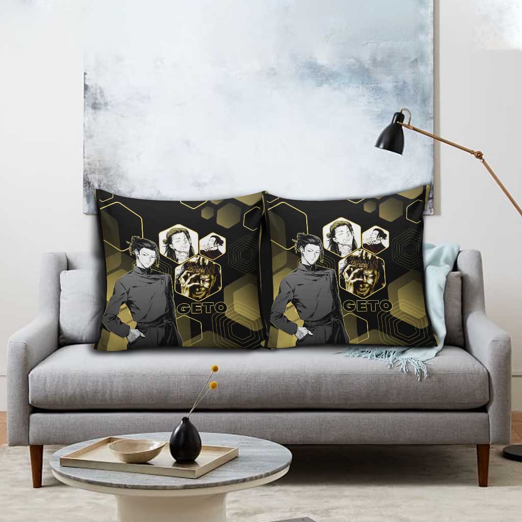 Suguru Geto Jujutsu Kaisen Gold Hexagon Design Pillow Cover with Multiple Expressions and Manga Style Art - The Mazicc