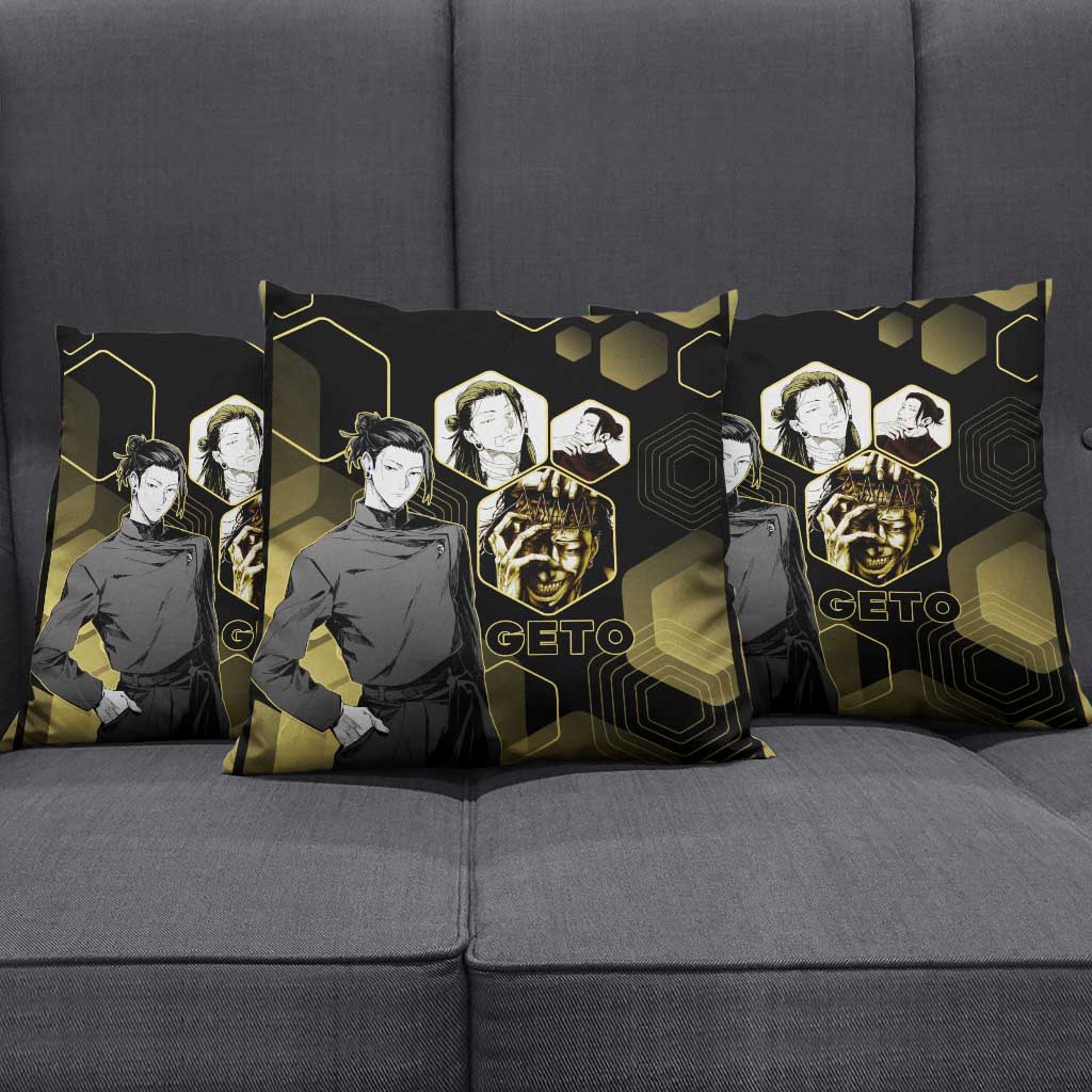 Suguru Geto Jujutsu Kaisen Gold Hexagon Design Pillow Cover with Multiple Expressions and Manga Style Art - The Mazicc