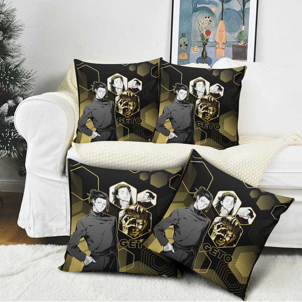 Suguru Geto Jujutsu Kaisen Gold Hexagon Design Pillow Cover with Multiple Expressions and Manga Style Art - The Mazicc