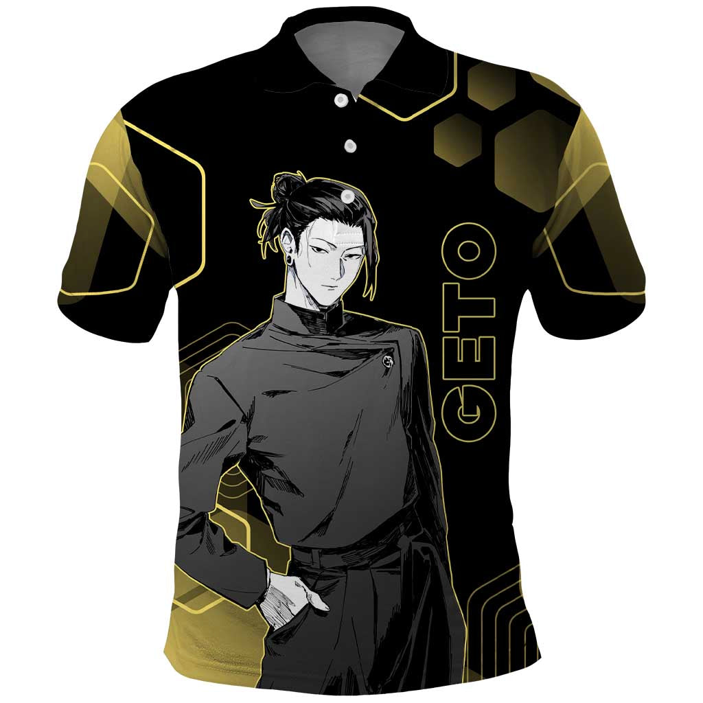 Suguru Geto Jujutsu Kaisen Gold Hexagon Design Polo Shirt with Multiple Expressions and Manga Style Art - The Mazicc