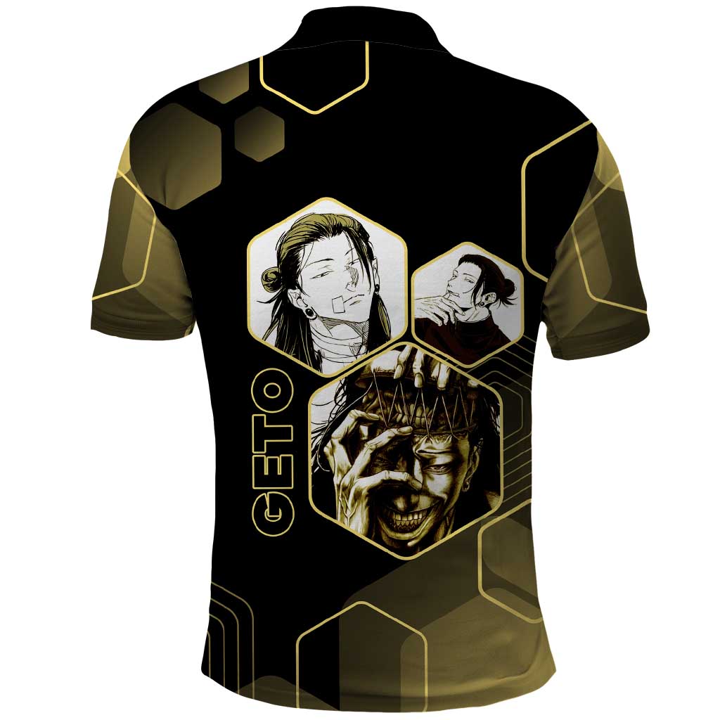 Suguru Geto Jujutsu Kaisen Gold Hexagon Design Polo Shirt with Multiple Expressions and Manga Style Art - The Mazicc