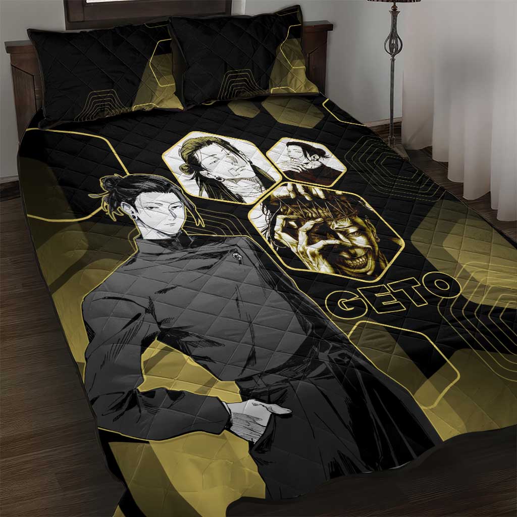 Suguru Geto Jujutsu Kaisen Gold Hexagon Design Quilt Bed Set with Multiple Expressions and Manga Style Art - The Mazicc
