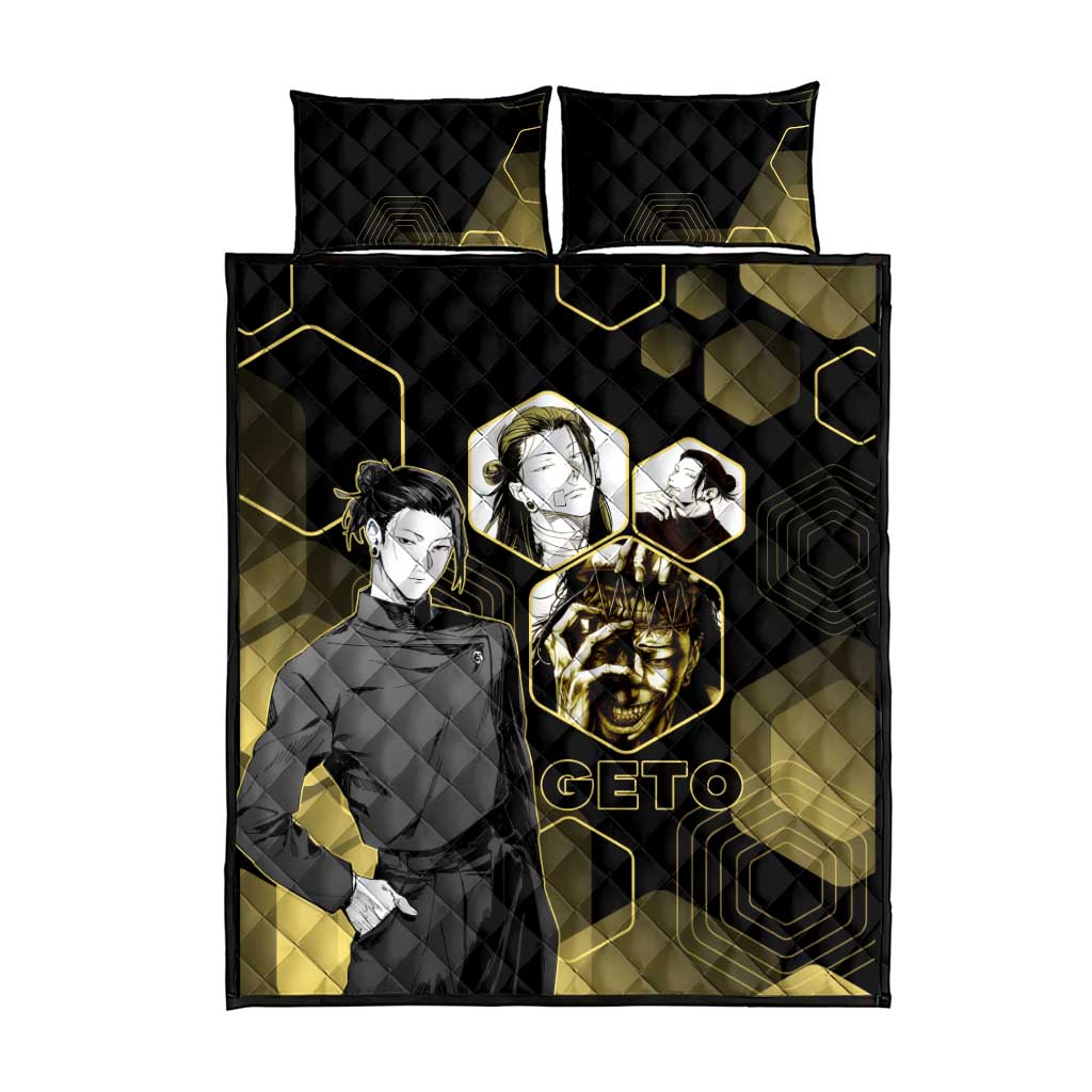 Suguru Geto Jujutsu Kaisen Gold Hexagon Design Quilt Bed Set with Multiple Expressions and Manga Style Art - The Mazicc