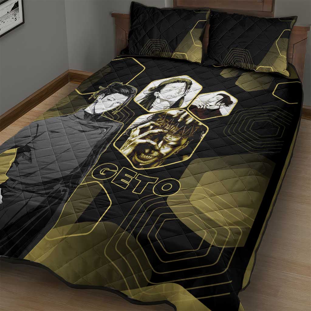 Suguru Geto Jujutsu Kaisen Gold Hexagon Design Quilt Bed Set with Multiple Expressions and Manga Style Art - The Mazicc
