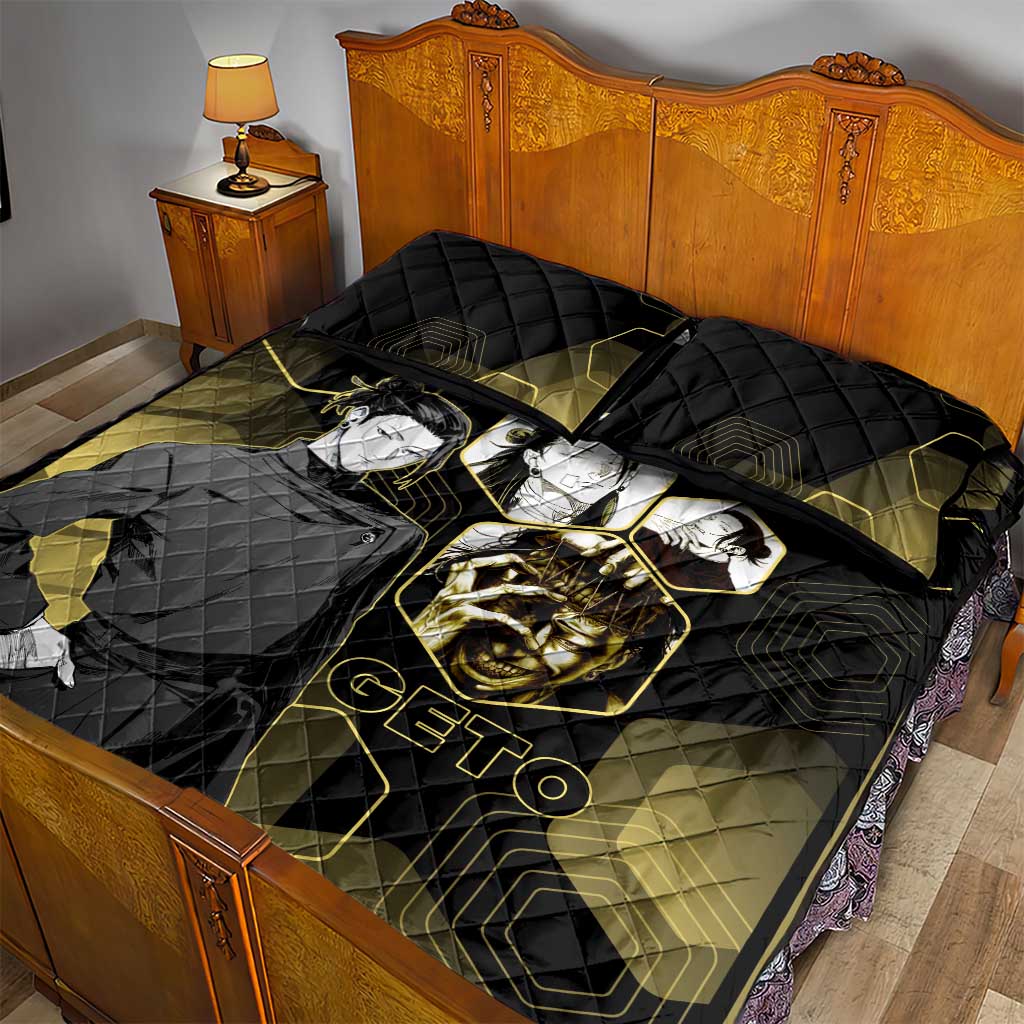Suguru Geto Jujutsu Kaisen Gold Hexagon Design Quilt Bed Set with Multiple Expressions and Manga Style Art - The Mazicc