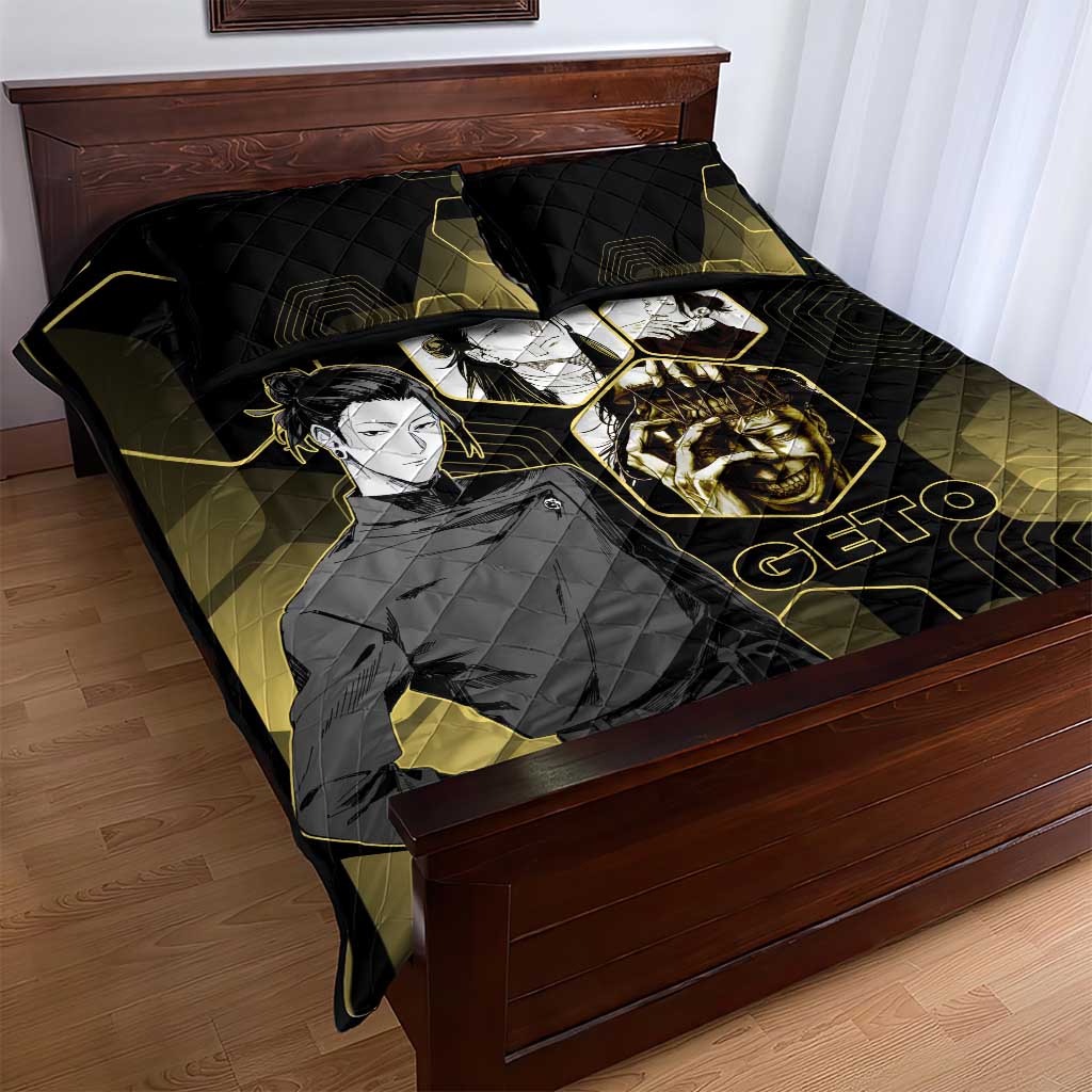 Suguru Geto Jujutsu Kaisen Gold Hexagon Design Quilt Bed Set with Multiple Expressions and Manga Style Art - The Mazicc