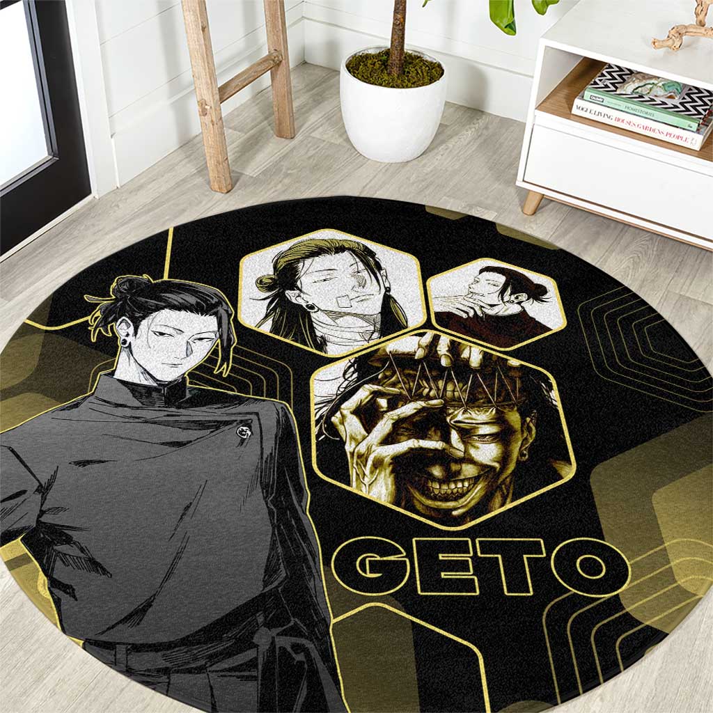 Suguru Geto Jujutsu Kaisen Gold Hexagon Design Round Carpet with Multiple Expressions and Manga Style Art - The Mazicc