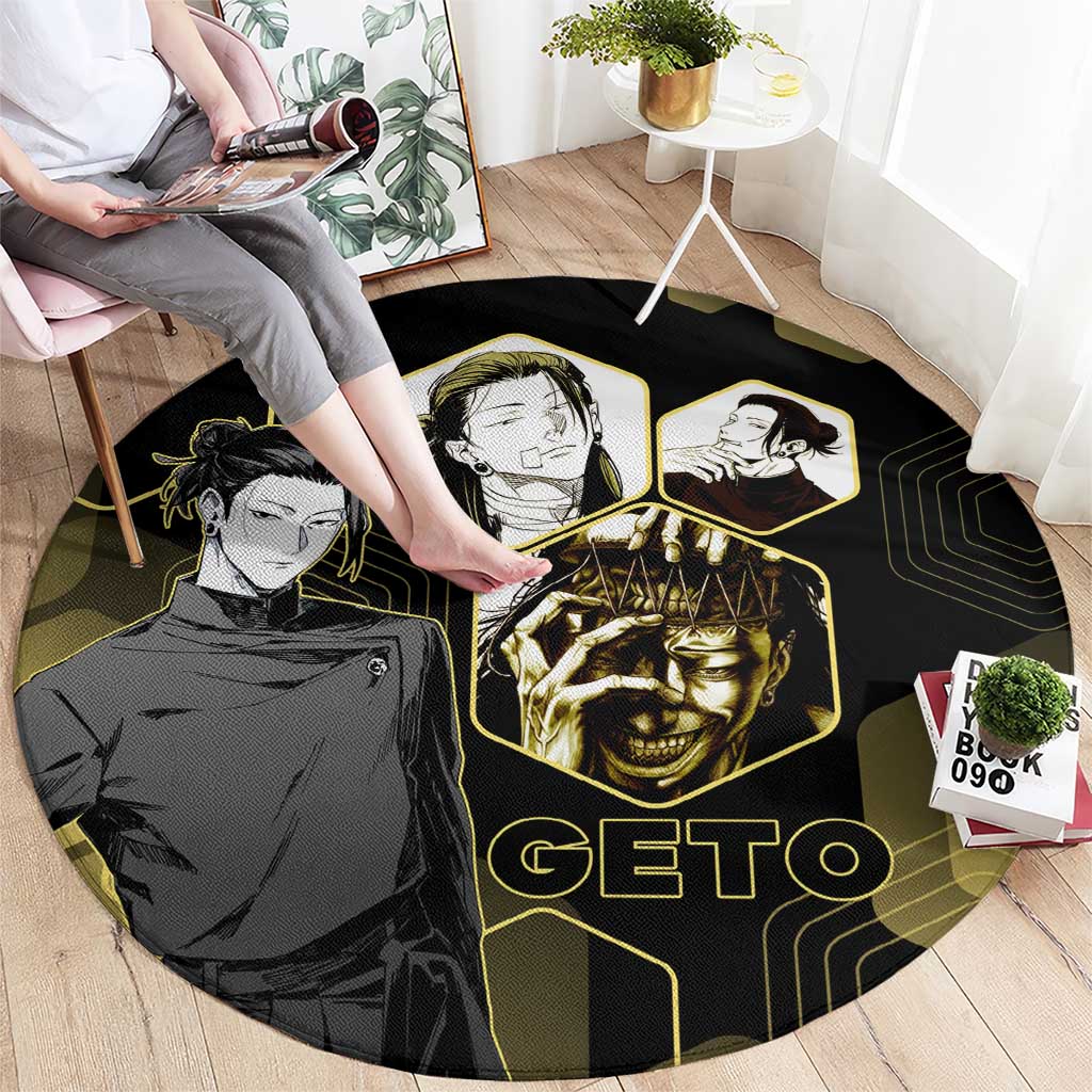 Suguru Geto Jujutsu Kaisen Gold Hexagon Design Round Carpet with Multiple Expressions and Manga Style Art - The Mazicc