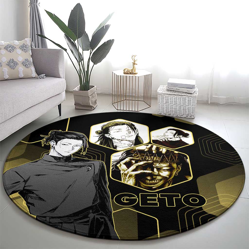 Suguru Geto Jujutsu Kaisen Gold Hexagon Design Round Carpet with Multiple Expressions and Manga Style Art - The Mazicc
