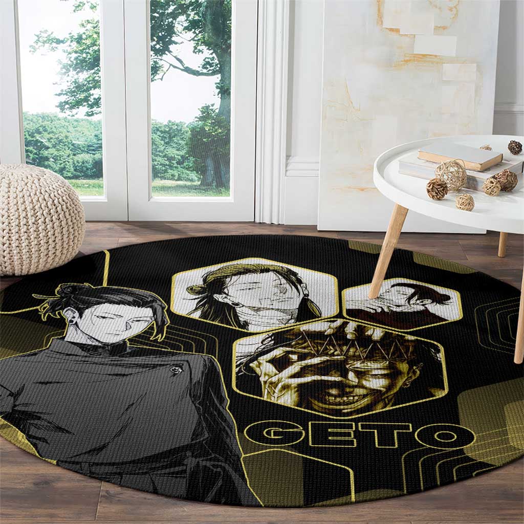 Suguru Geto Jujutsu Kaisen Gold Hexagon Design Round Carpet with Multiple Expressions and Manga Style Art - The Mazicc