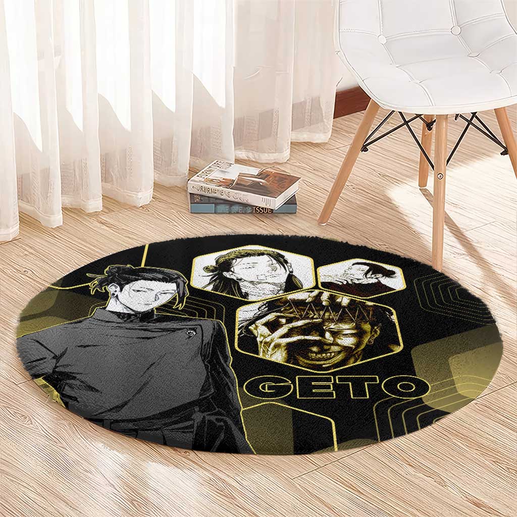 Suguru Geto Jujutsu Kaisen Gold Hexagon Design Round Carpet with Multiple Expressions and Manga Style Art - The Mazicc