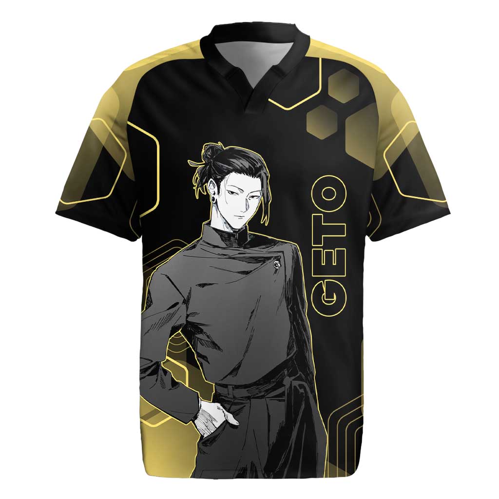 Suguru Geto Jujutsu Kaisen Gold Hexagon Design Rugby Jersey with Multiple Expressions and Manga Style Art - The Mazicc