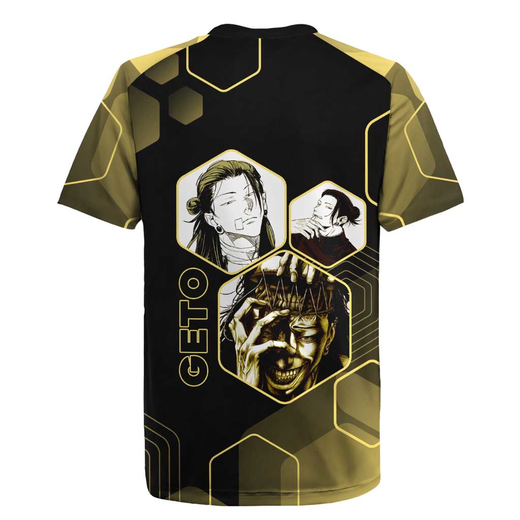 Suguru Geto Jujutsu Kaisen Gold Hexagon Design Rugby Jersey with Multiple Expressions and Manga Style Art - The Mazicc