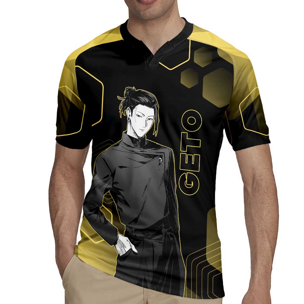Suguru Geto Jujutsu Kaisen Gold Hexagon Design Rugby Jersey with Multiple Expressions and Manga Style Art - The Mazicc