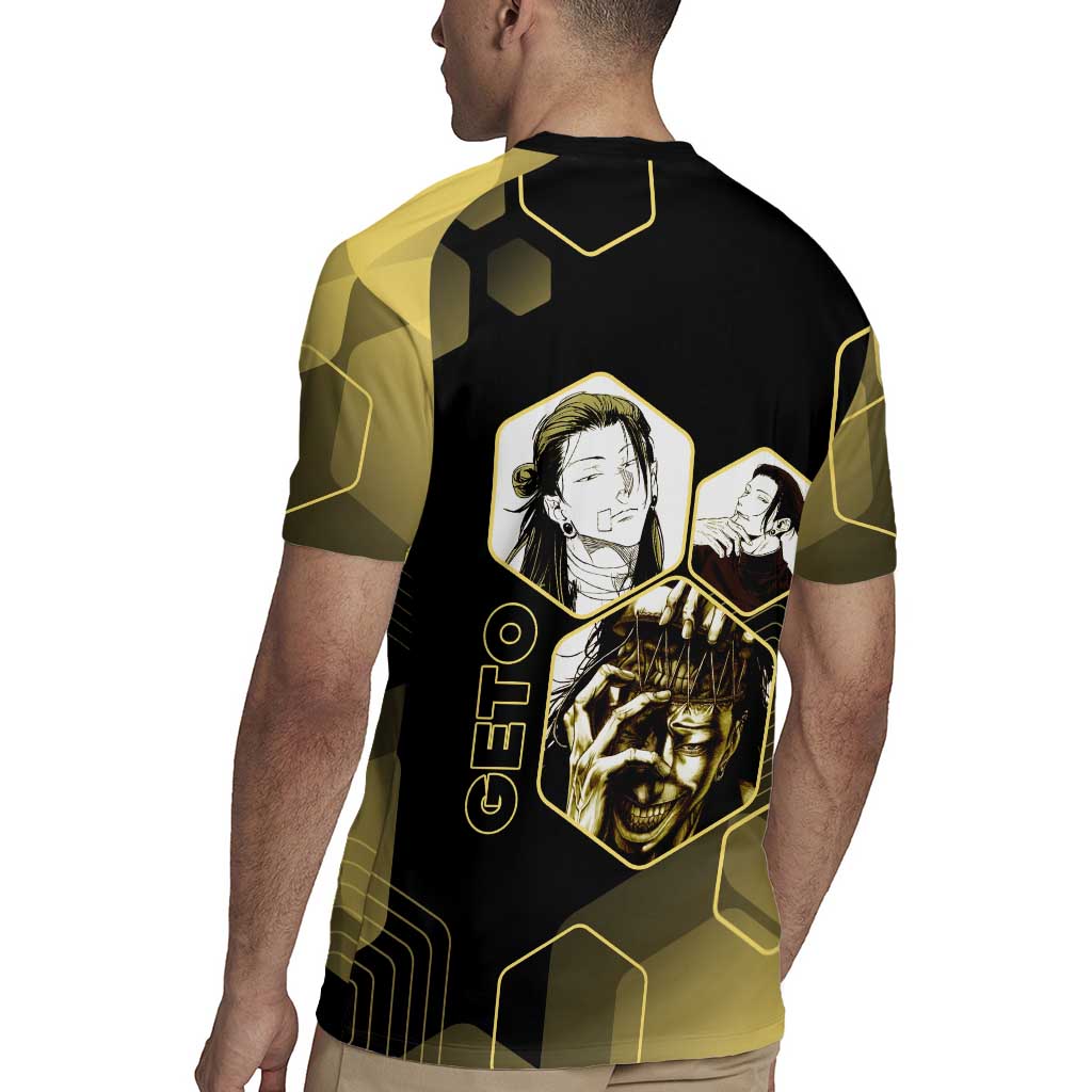 Suguru Geto Jujutsu Kaisen Gold Hexagon Design Rugby Jersey with Multiple Expressions and Manga Style Art - The Mazicc