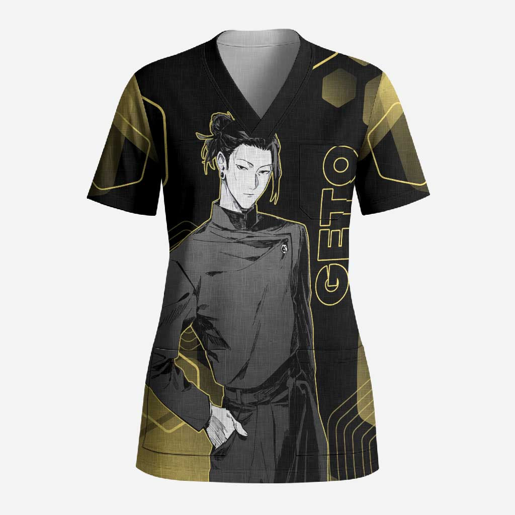 Suguru Geto Jujutsu Kaisen Gold Hexagon Design Scrub Top with Multiple Expressions and Manga Style Art - The Mazicc
