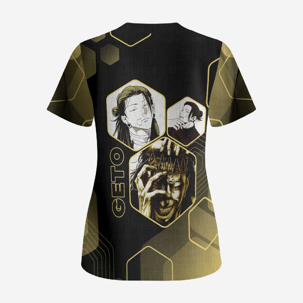 Suguru Geto Jujutsu Kaisen Gold Hexagon Design Scrub Top with Multiple Expressions and Manga Style Art - The Mazicc