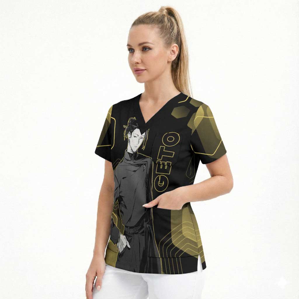 Suguru Geto Jujutsu Kaisen Gold Hexagon Design Scrub Top with Multiple Expressions and Manga Style Art - The Mazicc