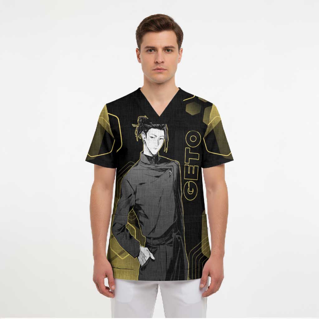 Suguru Geto Jujutsu Kaisen Gold Hexagon Design Scrub Top with Multiple Expressions and Manga Style Art - The Mazicc