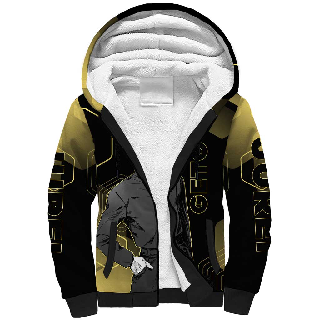 Suguru Geto Jujutsu Kaisen Gold Hexagon Design Sherpa Hoodie with Multiple Expressions and Manga Style Art - The Mazicc