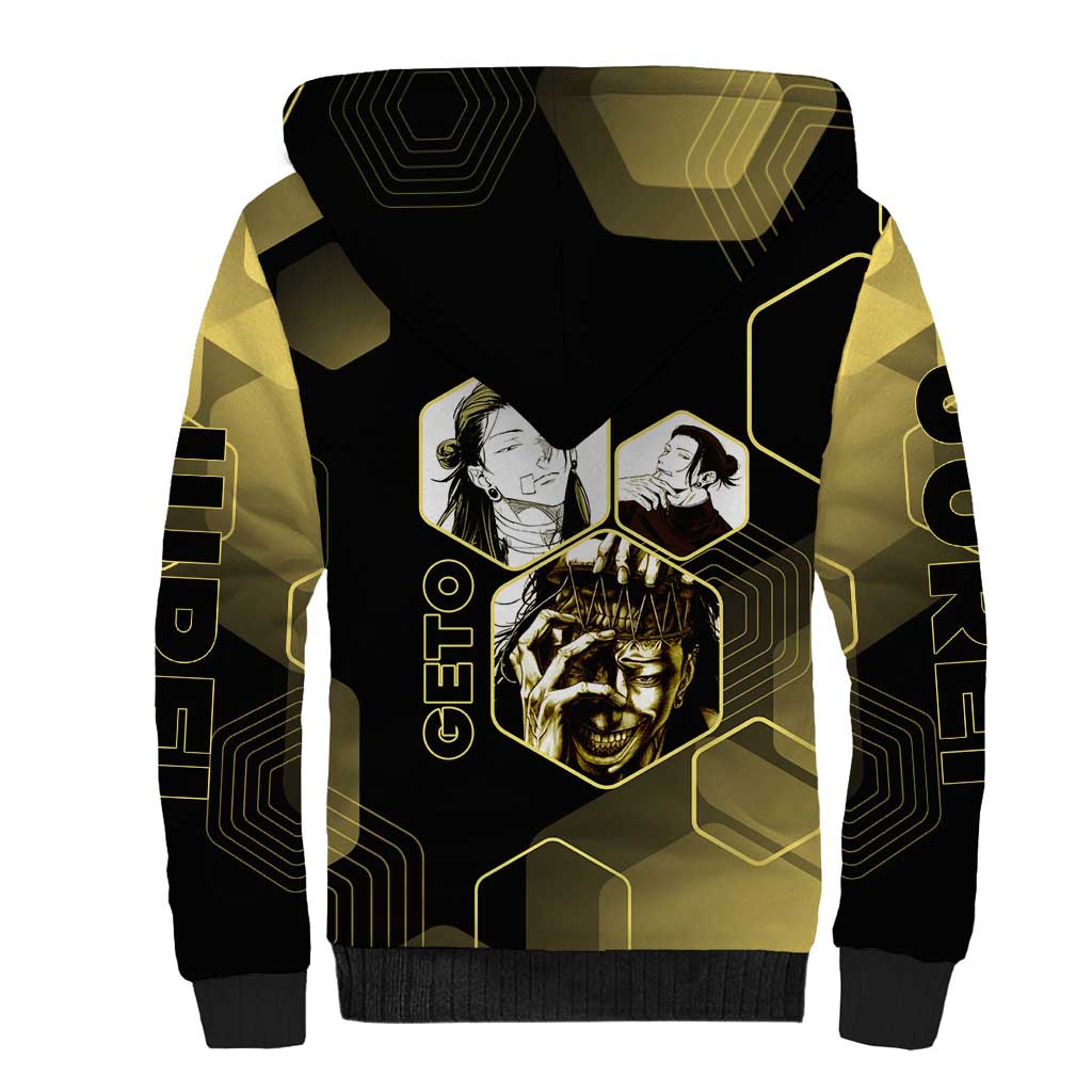 Suguru Geto Jujutsu Kaisen Gold Hexagon Design Sherpa Hoodie with Multiple Expressions and Manga Style Art - The Mazicc