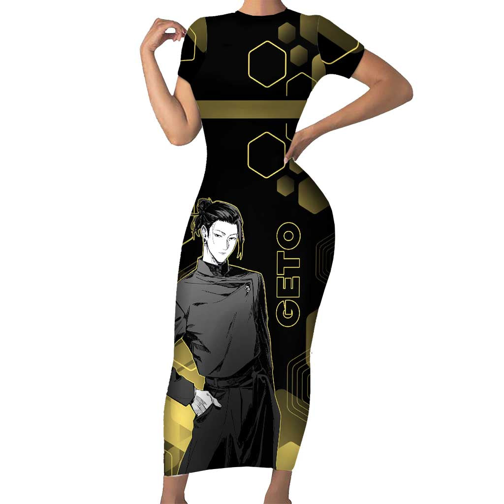 Suguru Geto Jujutsu Kaisen Gold Hexagon Design Short Sleeve Bodycon Dress with Multiple Expressions and Manga Style Art - The Mazicc