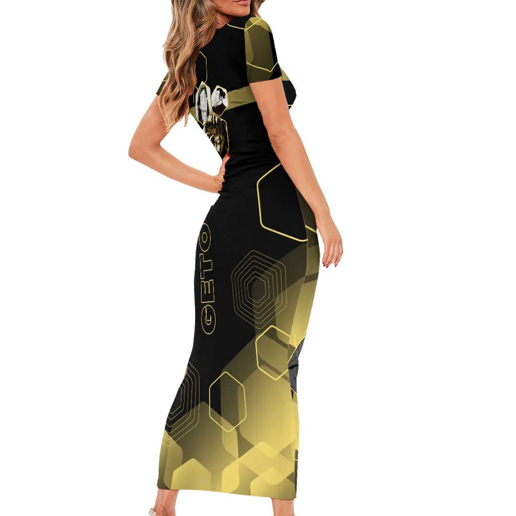 Suguru Geto Jujutsu Kaisen Gold Hexagon Design Short Sleeve Bodycon Dress with Multiple Expressions and Manga Style Art - The Mazicc