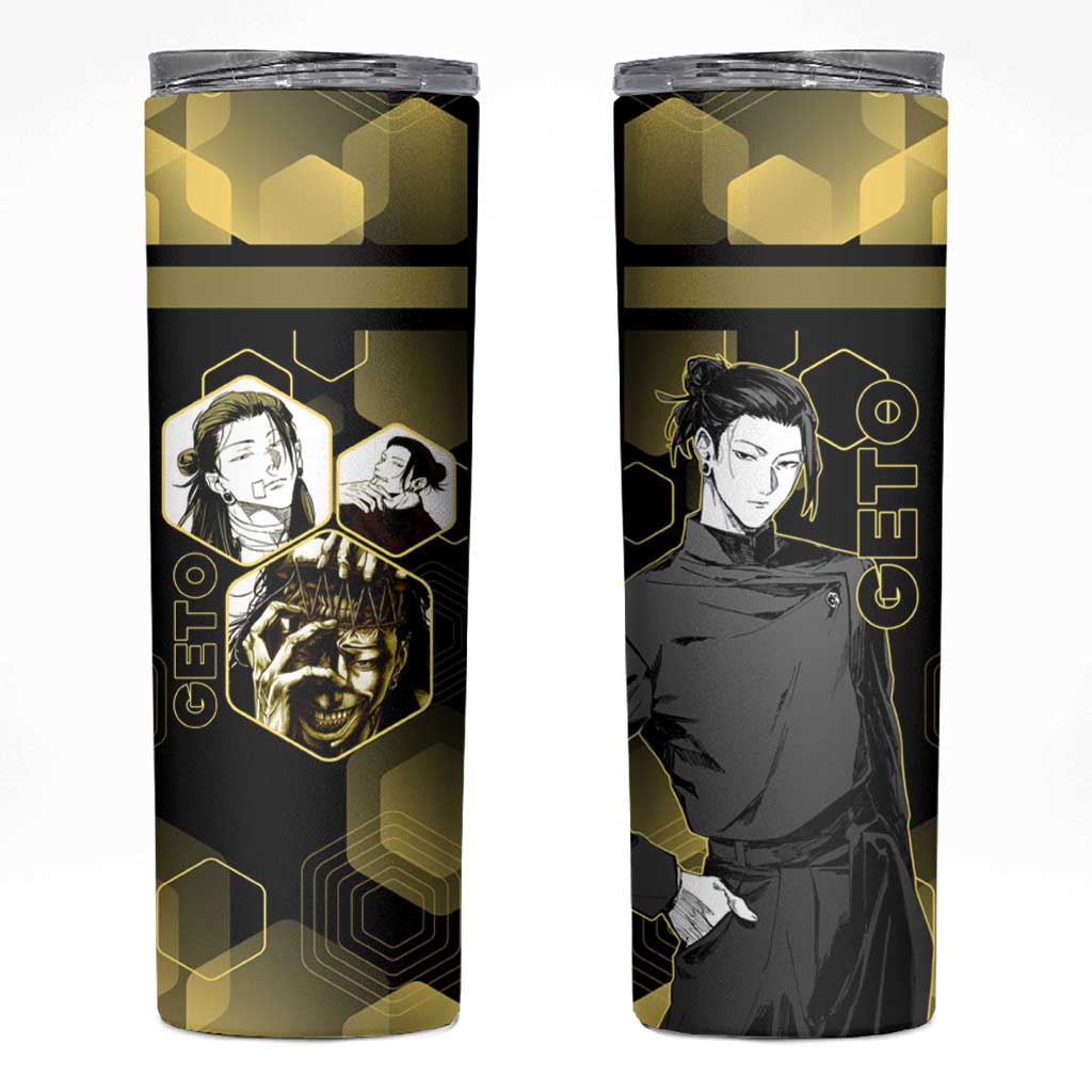 Suguru Geto Jujutsu Kaisen Gold Hexagon Design Skinny Tumbler with Multiple Expressions and Manga Style Art - The Mazicc