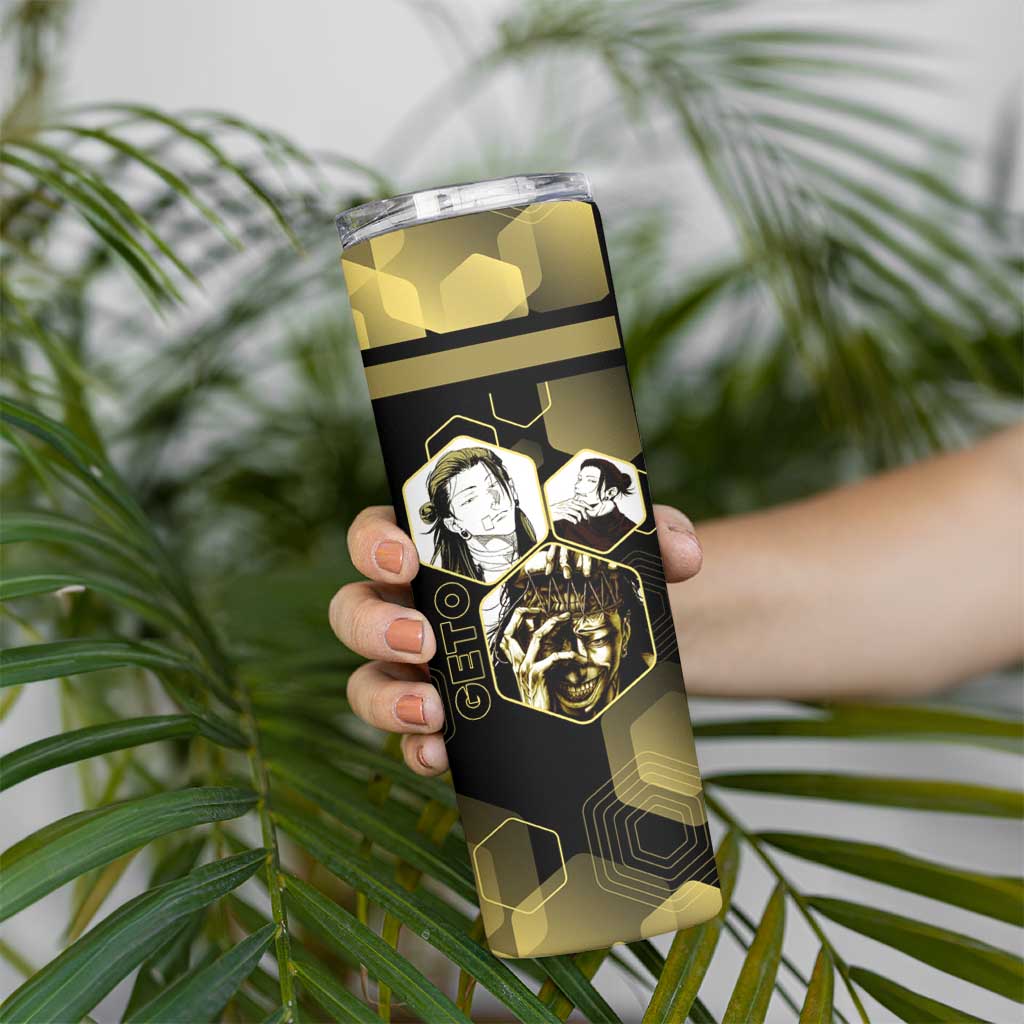 Suguru Geto Jujutsu Kaisen Gold Hexagon Design Skinny Tumbler with Multiple Expressions and Manga Style Art - The Mazicc